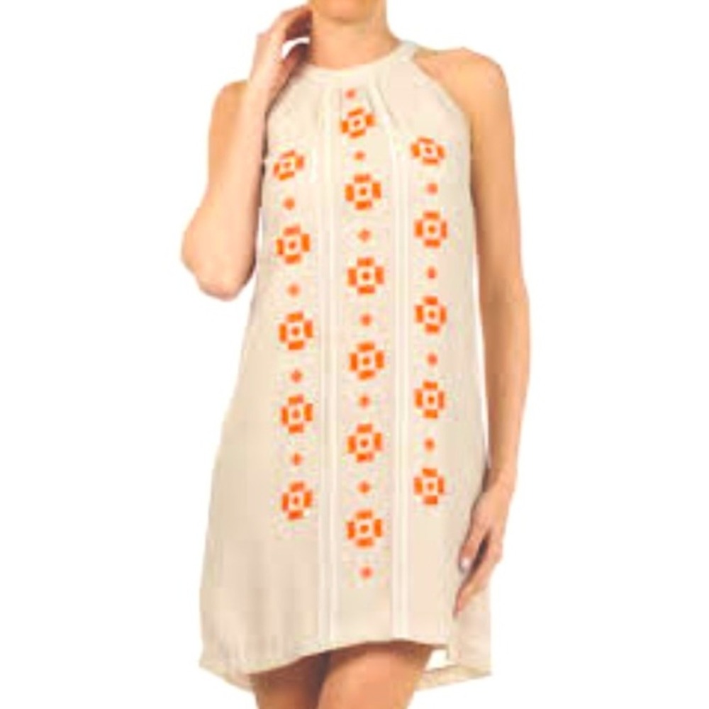 THML Sundress Halter Embroidered Beige Orange S Aztec Geometric 70s Y2K
